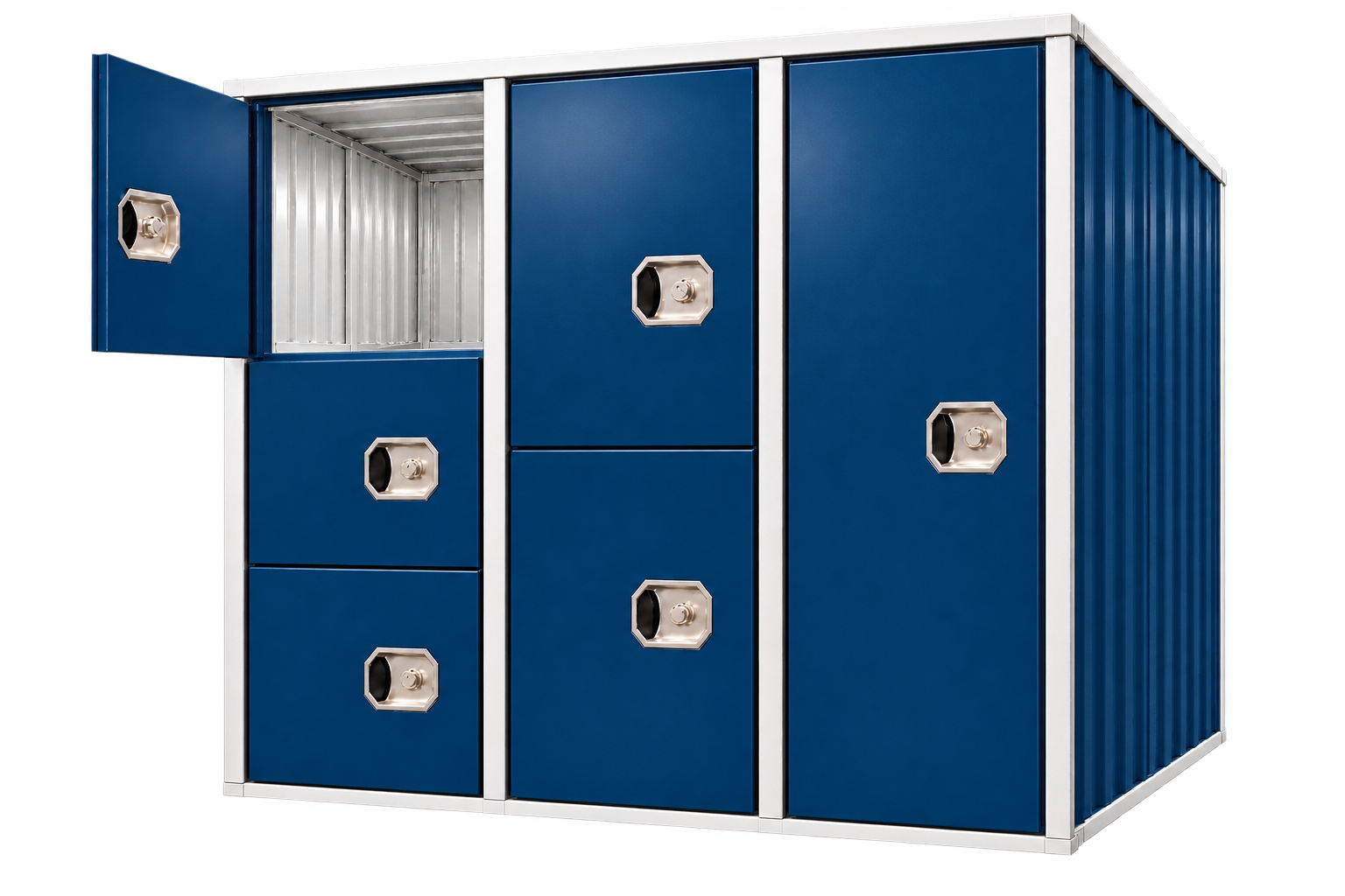 Illustrative blue steel self-storage cabinet